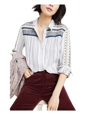 Anthropologie Pilcro The Cate Classic Buttondown Embroidered Stripe Shirt